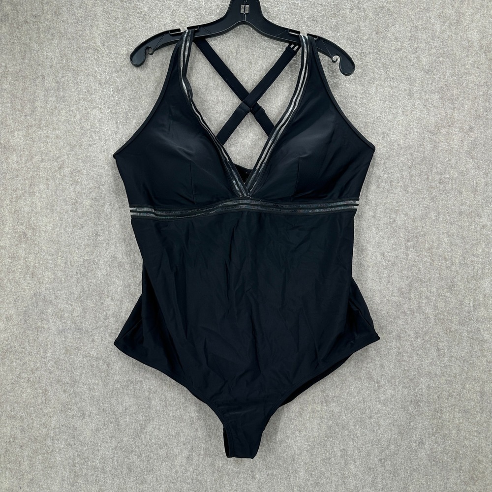 Torrid One Piece Swimsuit Womens 3 Black Metallic Mesh Trim Crossback Straps